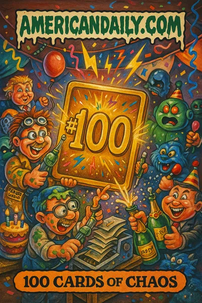 Parody trading card showing cartoon artists and characters celebrating a glowing golden "#100" card amid confetti and slime, with a crooked AMERICANDAILY.COM banner above and the caption "100 CARDS OF CHAOS."