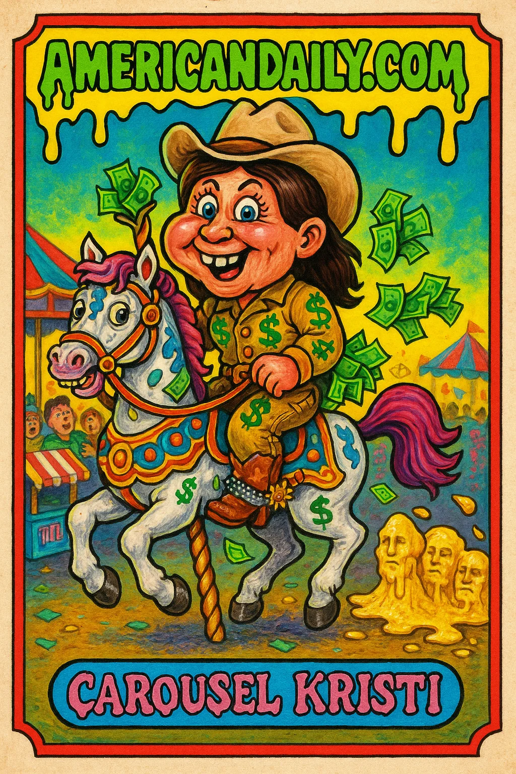 Trading card of Kristi Noem on a carousel horse with awkward real horse legs, towing a butter Mount Rushmore at a chaotic fairground.