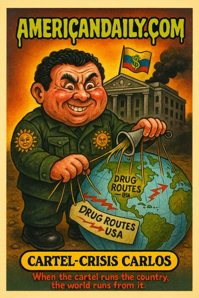 Cartoon trading card showing "Cartel-Crisis Carlos", a caricature wearing military fatigues with sun-emblem patches, standing before a Venezuelan government building twisted into dollar signs. He holds puppet-strings attached to a world map labelled "DRUG ROUTES → USA". Top banner reads "AMERICANDAILY.COM" in slime-dripping font; bottom nameplate reads "CARTEL-CRISIS CARLOS" with caption "When the cartel runs the country, the world runs from it."