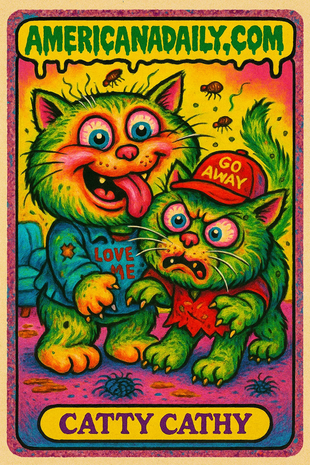 A grotesque cartoon trading card featuring two cats, one smugly licking, the other annoyed. Chaos and filth surround them.