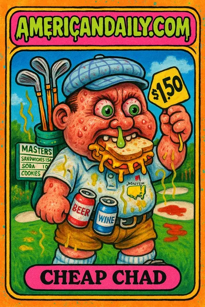 A grotesque 'Cheap Chad' devours cheese sandwiches with golf clubs made of cheese sticks and a Masters scoreboard showing low prices at Augusta.