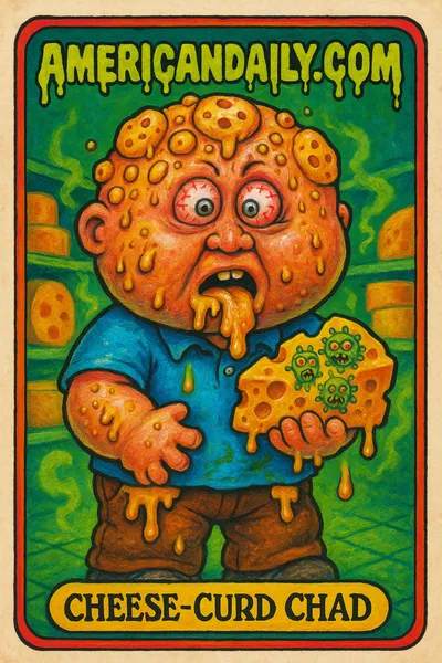 A nauseated character, Cheese-Curd Chad, devours cartoonishly germ-infested cheese, standing in a grotesque dairy aisle setting.