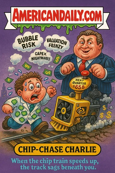 Cartoon trading-card showing "Chip-Chase Charlie," an anxious lab-coated investor covered in GPU pins chasing a golden GPU-engine train labelled "AI Boom Express" with dollar bills flying off the carriages; the tracks crack and steam clouds above read "Bubble Risk" and "CapEx Nightmares"; behind them, a tall exec in a suit stands with a giant red "Next Quarter +$65 B" launch-button; top banner "AMERICANDAILY.COM" in slime font; bottom nameplate "CHIP-CHASE CHARLIE" with caption "When the chip train speeds up, the track sags beneath you."