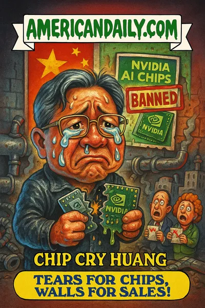 Caricature of Jensen Huang teary, holding broken AI chip pad, banned Nvidia poster behind, banner AMERICANDAILY.COM, caption Tears for Chips, Walls for Sales!