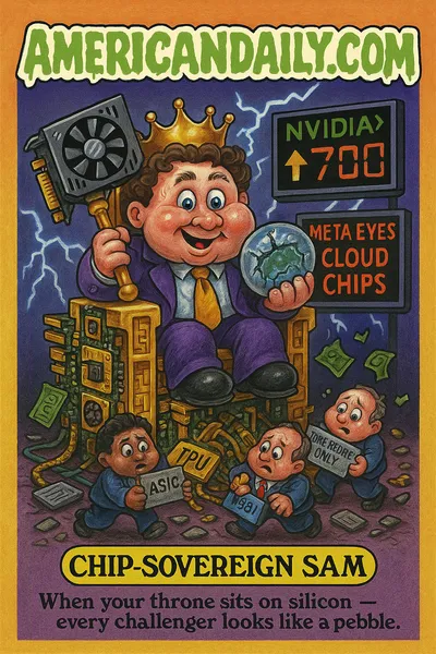 Cartoon trading card showing "Chip-Sovereign Sam," a throne-seated GPU-tycoon perched atop a tower of stacked graphics cards, wielding a GPU scepter and a cracked crystal ball labeled "Cloud Chips." Below him, tiny worried workers scramble with hardware labelled "TPU" and "ASIC". A neon stock chart flashes warnings in the background. Top banner says "AMERICANDAILY.COM," bottom nameplate reads "CHIP-SOVEREIGN SAM" with caption "When your throne sits on silicon - every challenger looks like a pebble."