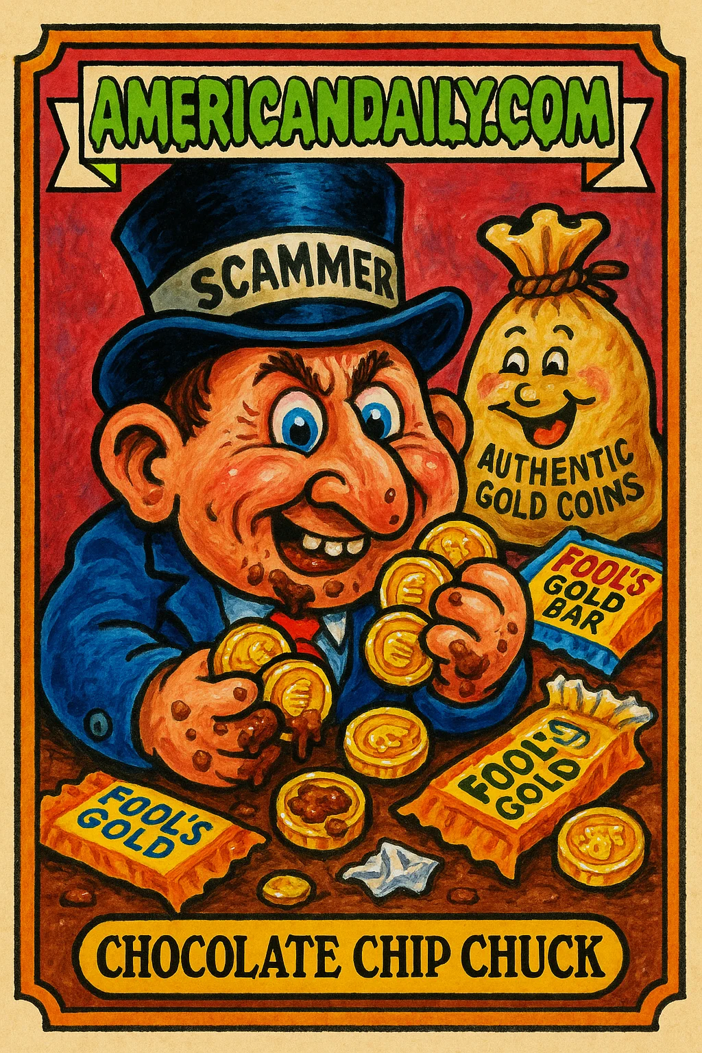 A comical card of 'Chocolate Chip Chuck', a scammer tricked into accepting chocolate coins instead of gold. Grotesque features, surrounded by chocolate coins.