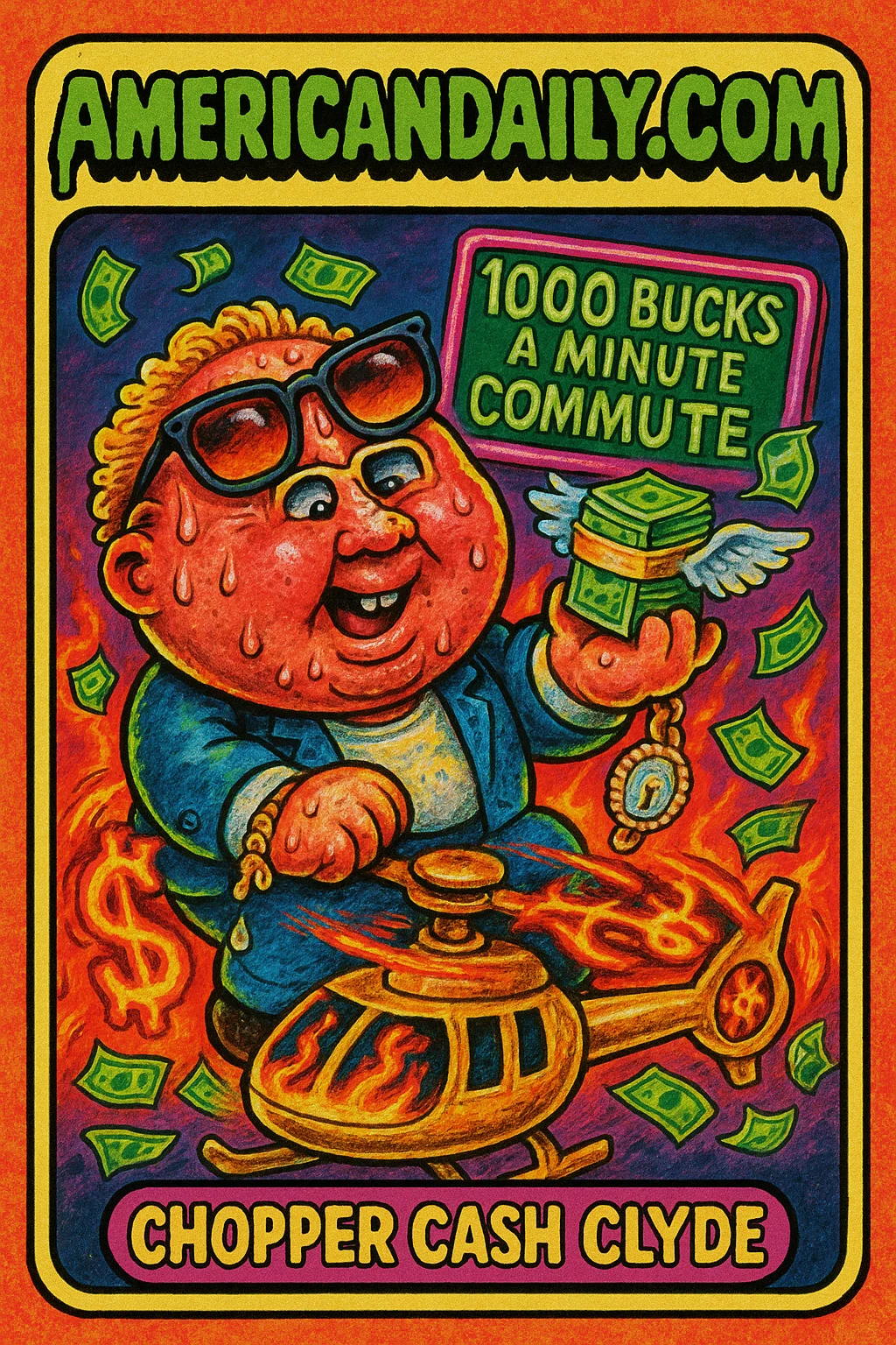 A grotesque satirical trading card of a Miami billionaire on a gold-plated helicopter rotor with flying money and melting assets.