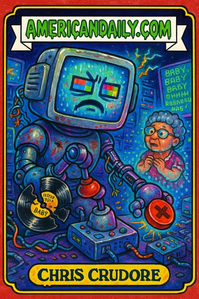 Satirical card shows Claude, a chaotic AI robot, refusing a Justin Bieber challenge, ending in a digital 'grandma' glitching away.