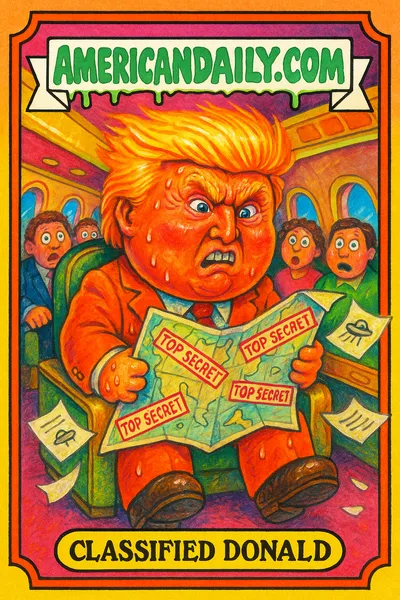 A cartoonish depiction of Trump with exaggerated features showing a huge classified map on a private jet, surrounded by shocked passengers.