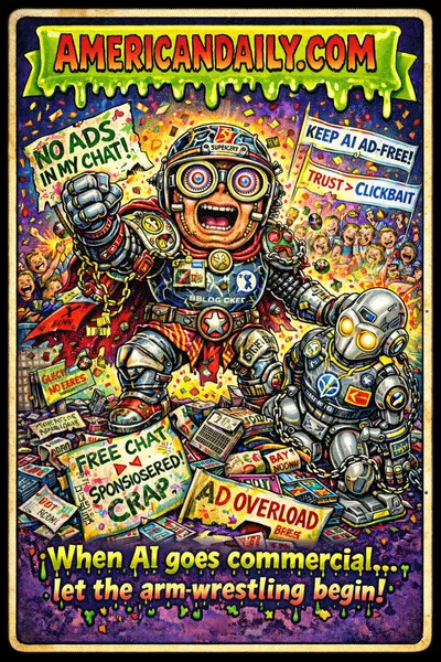 Cartoon gladiator AI mascot Claude stands triumphant over a crushed robot weighed down by ad chains, with cheering crowds and anti-ad banners in a chaotic, colorful parody scene.