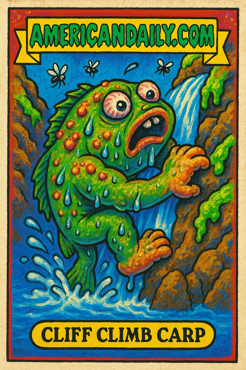 A satirical trading card featuring 'Cliff Climb Carp', a grotesque fish climbing a waterfall with human-like hands amidst splashing water and buzzing flies.