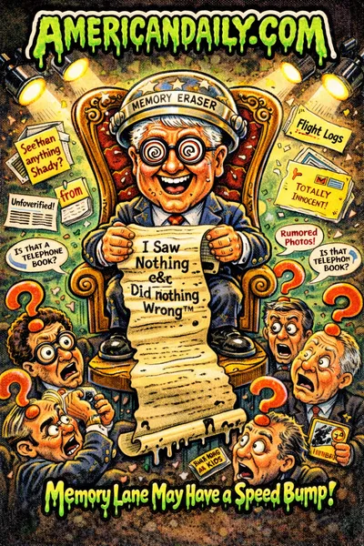 Cartoon parody trading card showing a caricatured former U.S. president in oversized witness chair with swirling question marks, reporters with wild expressions, and a slime banner reading AMERICANDAILY.COM.