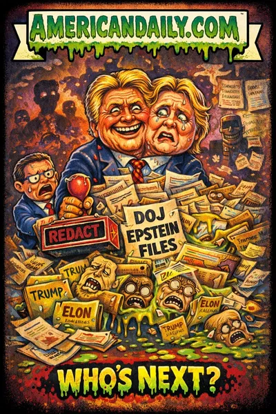 Grotesque cartoon trading card of two-headed Clinton buried in screaming Epstein files and surrounded by shadowy elites, slime and redaction bars.