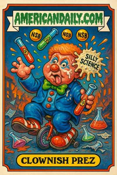 A grotesque cartoon of a former president as a clown, juggling hazardous test tubes and causing chaos in a destroyed lab. Caption: 'Clownish Prez'.