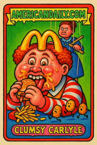 A grotesque parody of McDonald's CEO with a golden arches wig awkwardly eating a small burger while his mom puppet controls him in the background.