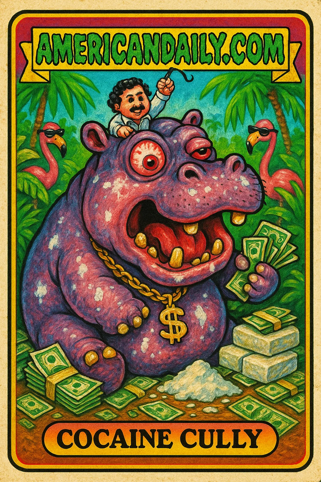 A grotesque 'cocaine hippo' with white powder stains, exaggerated rotten features, holding money, in a Colombian jungle setting with parody elements.