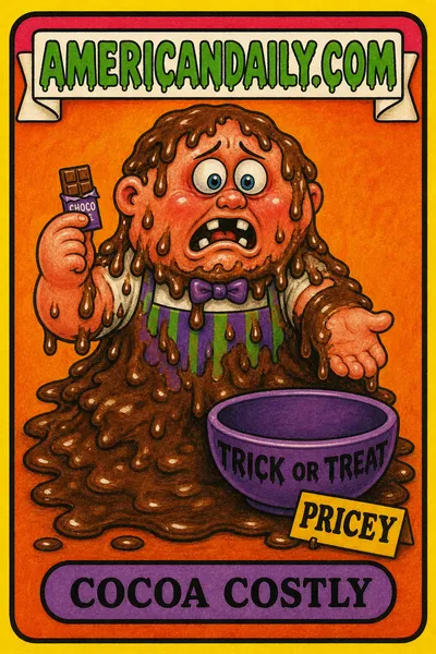 A grotesque cartoon kid dressed as a Halloween candy-shop owner melts into a puddle while holding a tiny chocolate bar beside an empty candy bowl; the card has a slime-dripping AMERICANDAILY.COM logo and the name Cocoa Costly.