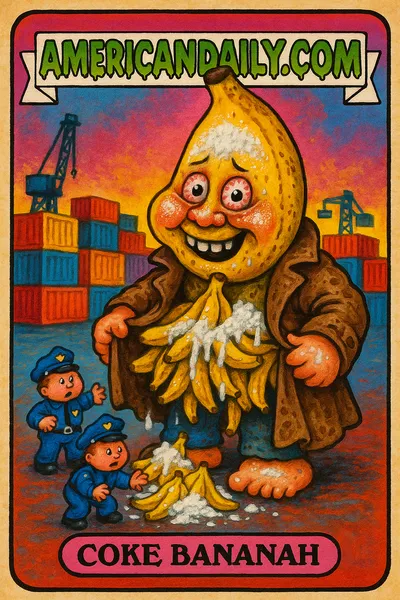 Coke Bananah card showing a grotesque banana criminal with a cocaine-powdered head, bulging eyes, and tiny police handling bananas.