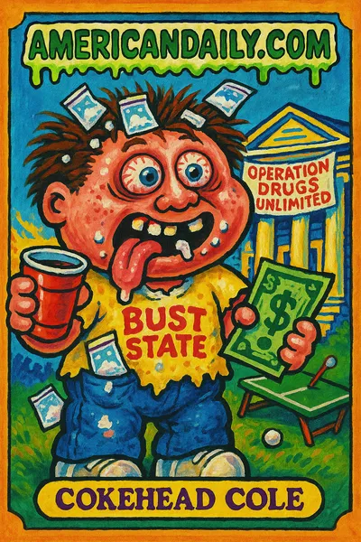 A grotesque cartoon of 'Cokehead Cole,' a frat member with exaggerated features amidst a chaotic fraternity party, based on a drug trafficking scandal.
