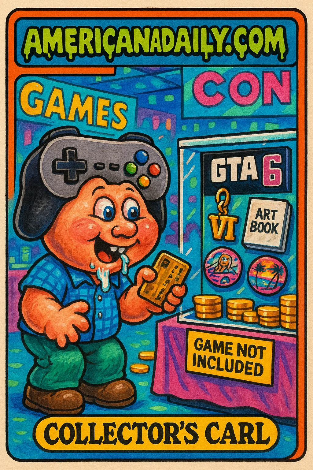Trading card of 'Collector's Carl', a video game fan with a massive head, ogling a collector's set with no actual game. Satirical, colorful scene.