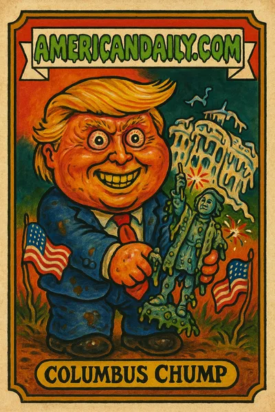 A grotesque cartoon of Trump with an oversized head, holding a tiny Columbus statue, set against a warping White House background.