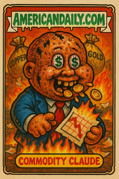 A satirical trading card featuring 'Commodity Claude' with a copper and gold head, bulging eyes, and a flaming stock chart in hand amidst chaotic market background.