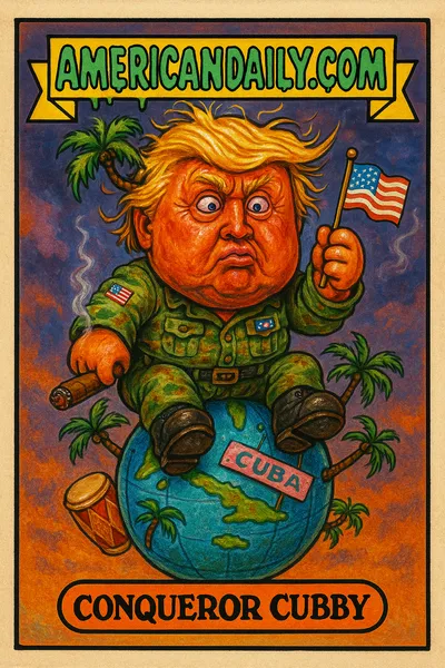 Satirical trading card featuring an exaggerated Donald Trump on a globe of Cuba, characterized with absurd military garb and chaotic tropical elements.