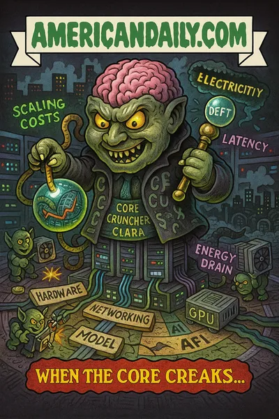 Parody trading card: a monstrous AI infrastructure beast, "Core Cruncher Clara," sits atop server racks, plugging cable-tentacles into ChatGPT nodes. Gremlin creatures haul GPUs and components. The ground is a cracked diagram of the AI stack (Hardware, Networking, Model, API). Labels orbit: "Latency," "Scaling Costs," "Energy Drain," etc. Top banner reads "AMERICANDAILY.COM."