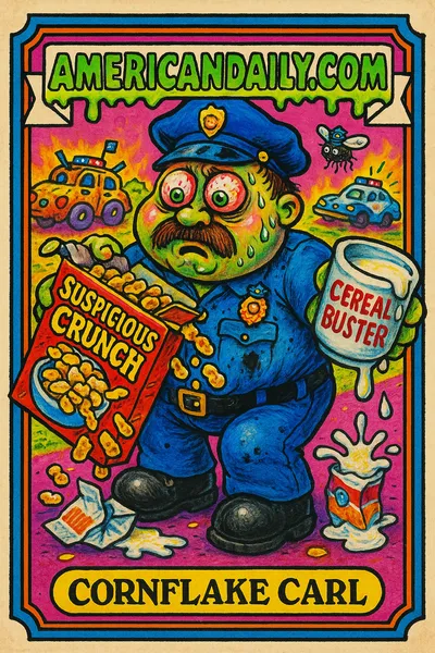 A grotesque, cartoonish police officer with green skin holds overflowing cornflakes labeled 'Suspicious Crunch'. The chaotic scene includes cereal-shaped police vehicles.