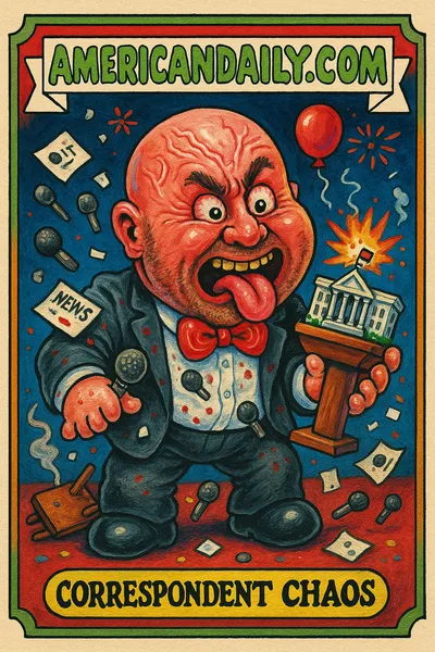A grotesque caricature trading card of 'Correspondent Chaos' resembling Dana White, in a chaotic White House Correspondents' Dinner scene with microphones and bullet-ridden cue cards flying around.