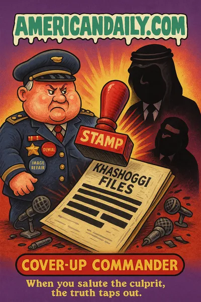 Cartoon trading-card showing "Cover-Up Commander": a general-uniformed caricature of Trump with medals "Silence", "Denial", "Image Repair", standing next to a business-suit masked figure (Crown Prince) whose mask is sliding off; a giant red stamp hammers onto a "KHASHOGGI FILES" dossier with black redaction; broken microphones and flash-cameras around; top banner "AMERICANDAILY.COM" in slime font; bottom nameplate "COVER-UP COMMANDER" with caption "When you salute the culprit, the truth taps out."
