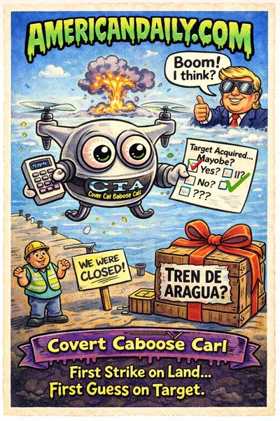 Cartoon CIA drone with eyes over an empty Venezuelan dock, confused workers, and caricature of Trump, satirizing ambiguous drone strike report.