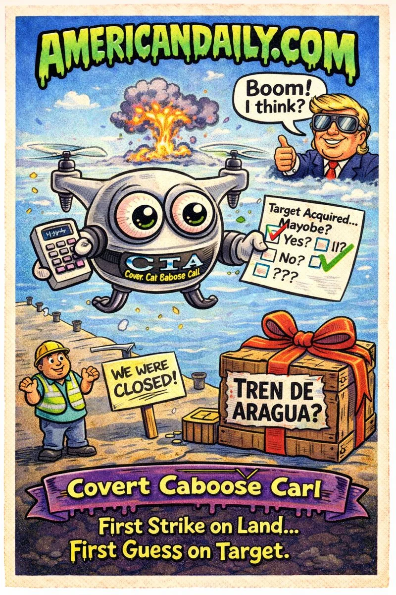 Cartoon CIA drone with eyes over an empty Venezuelan dock, confused workers, and caricature of Trump, satirizing ambiguous drone strike report.