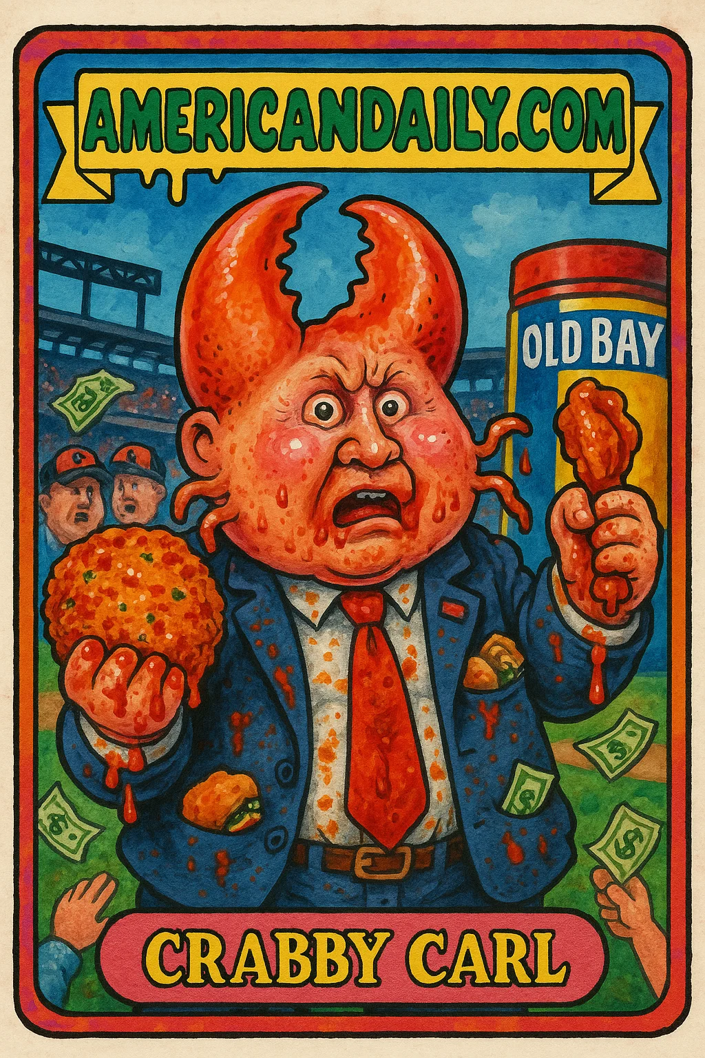 A grotesque politician, Crabby Carl, with a crab claw head, holding seafood, surrounded by angry taxpayers at a stadium.