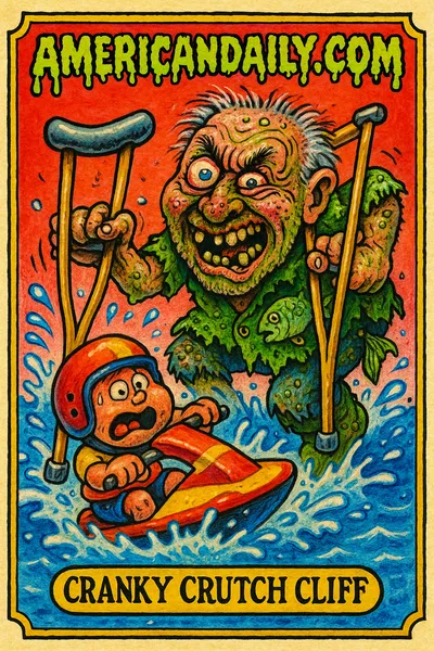 A grotesque, grizzled man named Cranky Crutch Cliff, using crutches to submerge a horrified jet skier, set in a tumultuous cartoon lake.