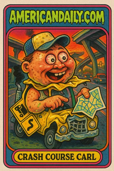 A cartoonishly exaggerated truck driver with crossed eyes in a crumpled truck, hitting overpasses, surrounded by upside-down road signs and a chaotic highway.