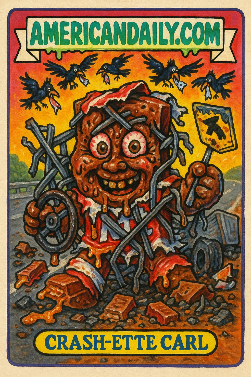 A grotesque and deranged Kit Kat bar character entangled in a semitrailer wreckage, surrounded by spilled candy bars and circling crows.