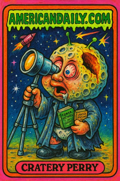 A grotesque astronomer character with a Moon-like cratered head, enormous telescope, bulging eyes, and bizarre space-themed attire.