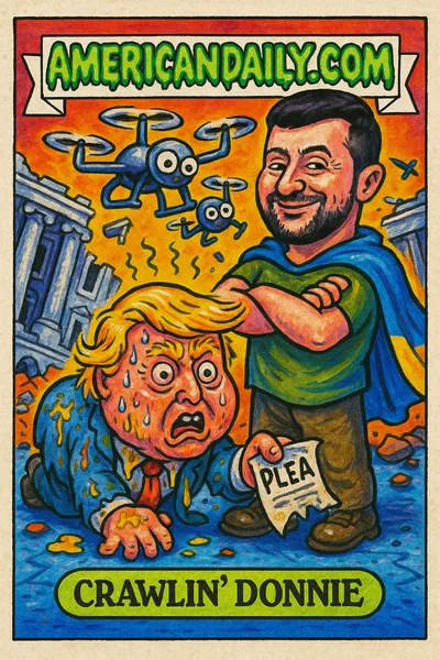 A grotesque rendition of Donald Trump on all fours pleading with Volodymyr Zelensky, surrounded by buzzing drones and a chaotic political backdrop.