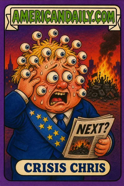 A grotesque cartoon European leader in a blue suit and EU-star sash has extra bulging eyes sprouting across their head, while a small riot barricade smolders in the background. A newspaper reads “NEXT?” and the card is titled “Crisis Chris.”