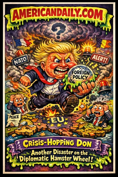 Satirical Garbage Pail Kids-style cartoon showing a chaotic political figure racing across Europe, leaving broken treaties and panicked leaders behind.