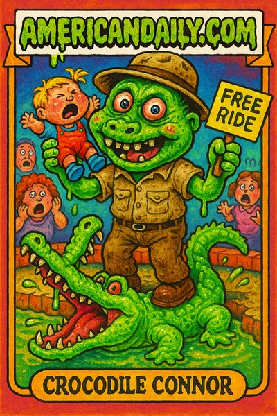 A bizarre trading card depicting Crocodile Connor with an oversized head and sickly grin, holding a toddler over a leaping crocodile in a chaotic zoo scene.