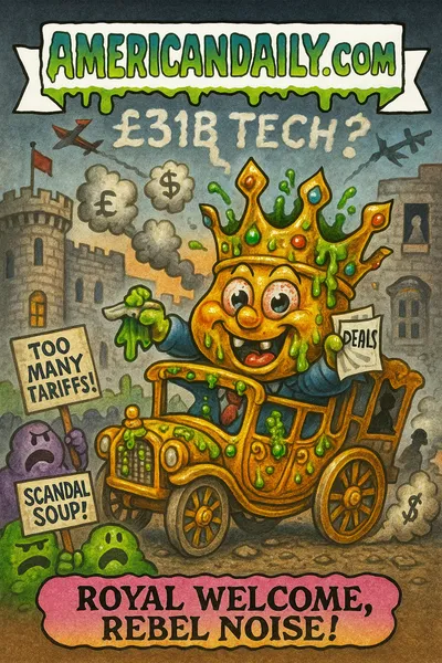 Cartoon grotesque golden carriage with googly-eyed crown mascot, protesters holding signs, warped castle background, skywriting £31B Tech?, banner AMERICANDAILY.COM, caption Royal Welcome, Rebel Noise!