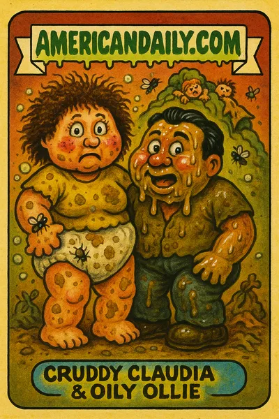 A grotesque cartoon of a wild-haired woman in a diaper and a baby-oiled man in a messy, cluttered room with dirty children in the background.