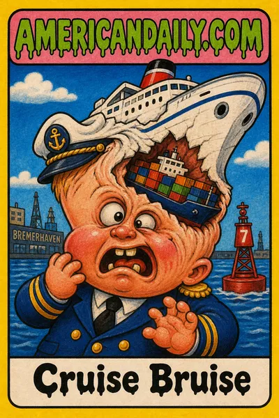A grotesque cartoon toddler captain whose head has transformed into a crumpled cruise ship bow, with a small container vessel stuck in it, against a simple harbor background.