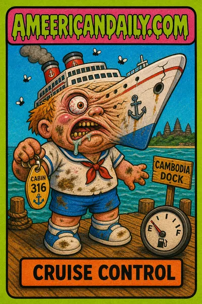 A grimy, bug-eyed cruise passenger kid stands stranded by a turquoise Cambodian sea, with the child’s oversized head transforming into a buckling cruise ship bow. A cabin key, fuel gauge, and flies accompany the AMERICANDAILY.COM trading card artwork.