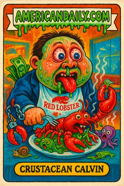Grotesque caricature of a man with oversized head clutches seafood, his pockets bursting with lobster-tailed dollars, as a lobster claw arrests his wrist.