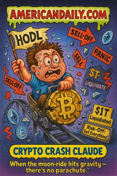 Cartoon trading-card style image titled "Crypto Crash Claude": a distressed investor slides down a cracked roller-coaster shaped like a giant Bitcoin, coin shards flying, warning signs flashing "SELL-OFF" and "PANIC", a billboard in the back reads "$1T Liquidated / Risk-Off: Sell Everything!", top banner "AMERICANDAILY.COM", bottom nameplate "CRYPTO CRASH CLAUDE" with caption "When the moon-ride hits gravity - there's no parachute.