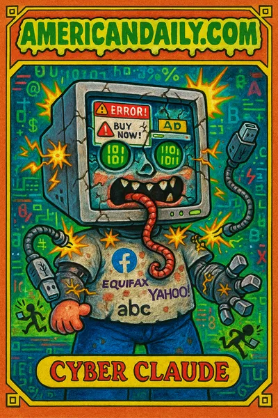 A Garbage Pail Kids-style trading card depicting a chaotic AI character 'Cyber Claude' with a computer monitor head, sparking robotic arms, and logos from targeted companies.