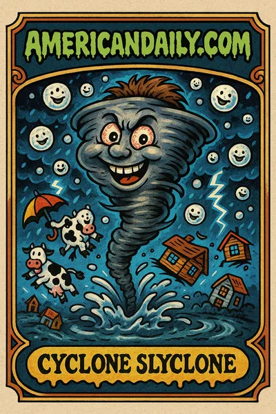 Cartoon depiction of humanoid tornado character Cyclone Slyclone causing chaos in the heartland with hailstones and flying farmhouses.